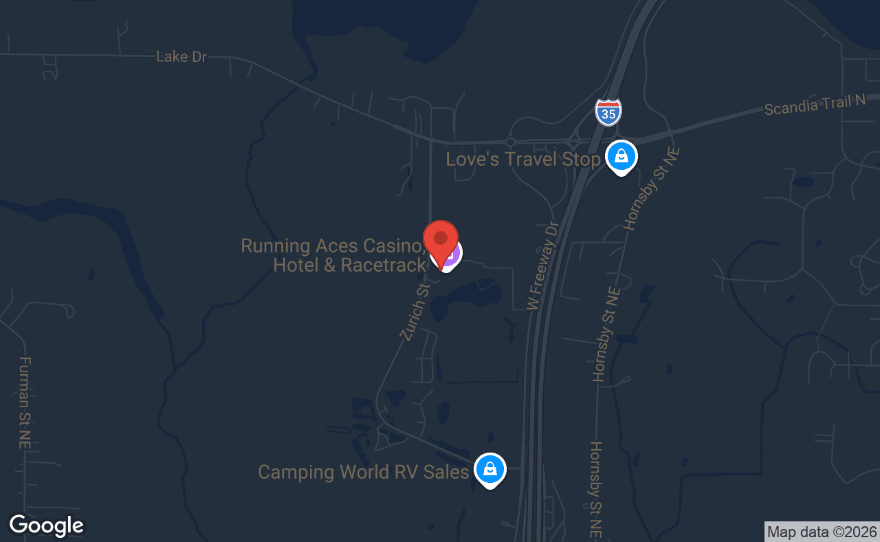 Map showing location of Running Aces Poker Room in Columbus, Minnesota