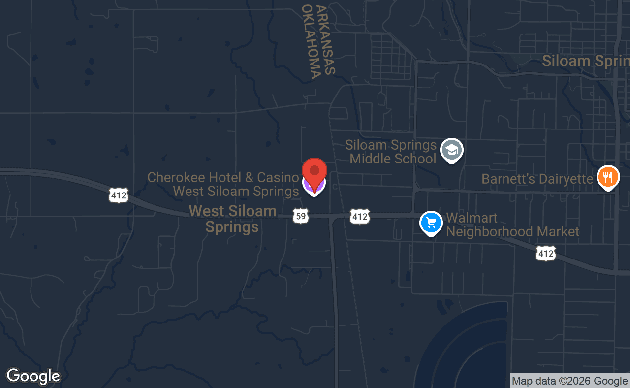 Map showing location of Cherokee West Siloam Springs Poker Room in West Siloam Springs, Oklahoma