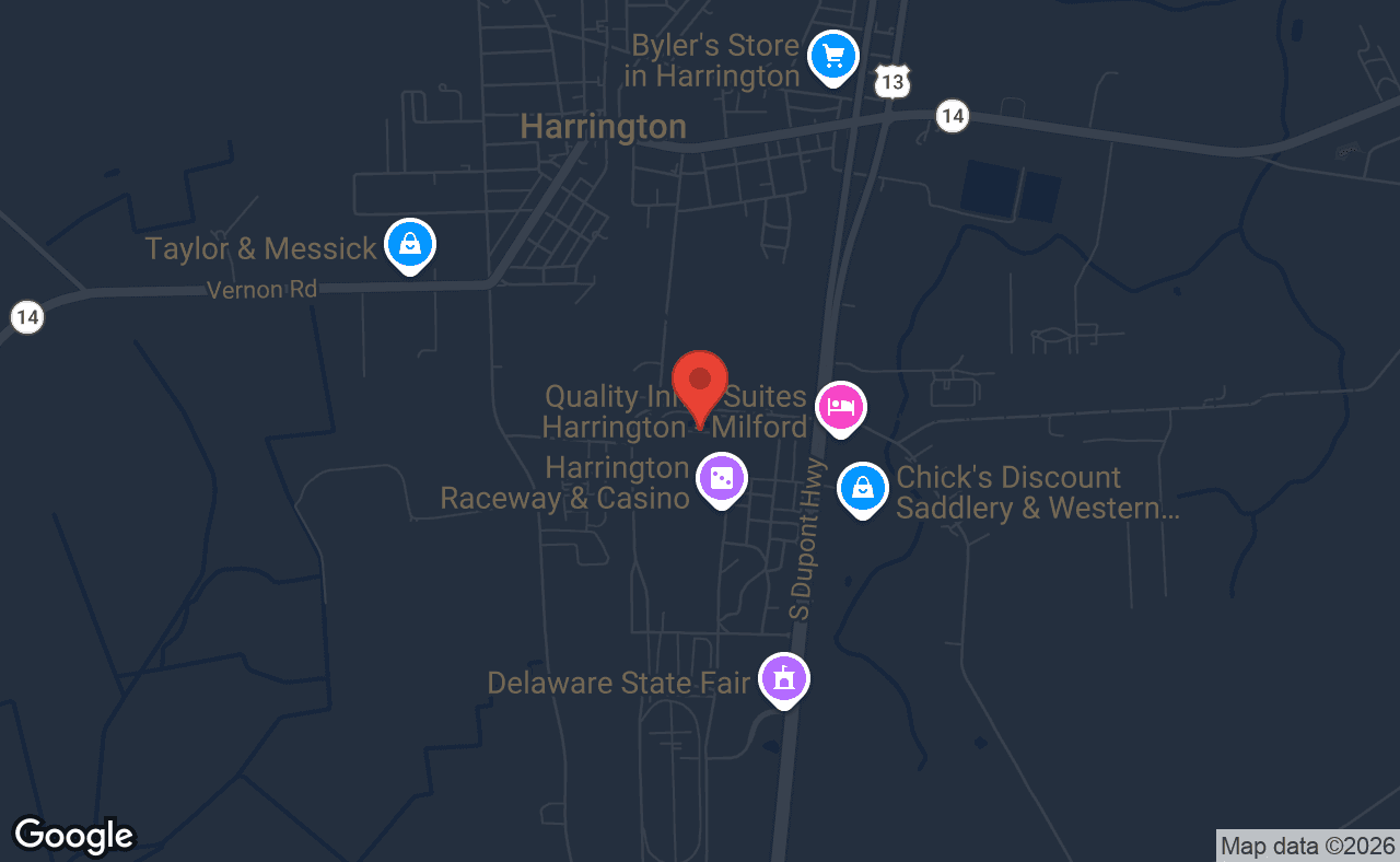Map showing location of Harrington Poker Room in Harrington, Delaware
