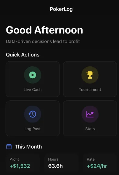 PokerLog home screen: start a live cash game, a tournament or a past session, and this month's profit, hours and hourly rate